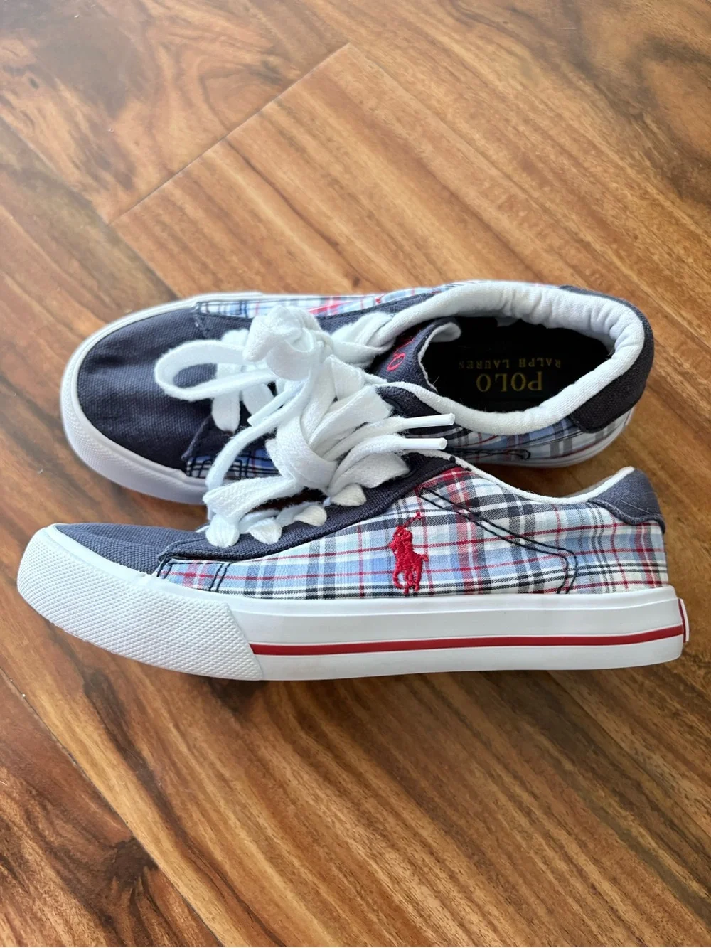 Ralph Lauren Polo Little Kids Navy & Red Plaid Canvas Logo Sneakers 13 Shoes